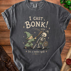 Grey t-shirt with a wizard casting "BONK!" on a skeleton.