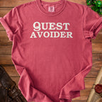 Red t-shirt with "QUEST AVOIDER" text and gaming dice.