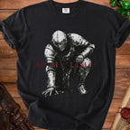 Black t-shirt with distressed knight graphic and red text "AT MY LIMIT".