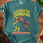 T-shirt with knight, mice, scrolls, and text "I CLEARED THE DUNGEON AND ALL I GOT WAS MORE LORE".