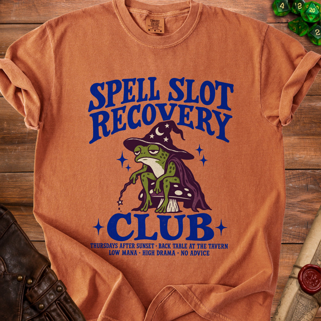 Orange shirt with "Spell Slot Recovery Club" graphic featuring a wizard frog.