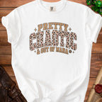 White t-shirt with "Pretty Chaotic & Out of Mana" text and leopard print.