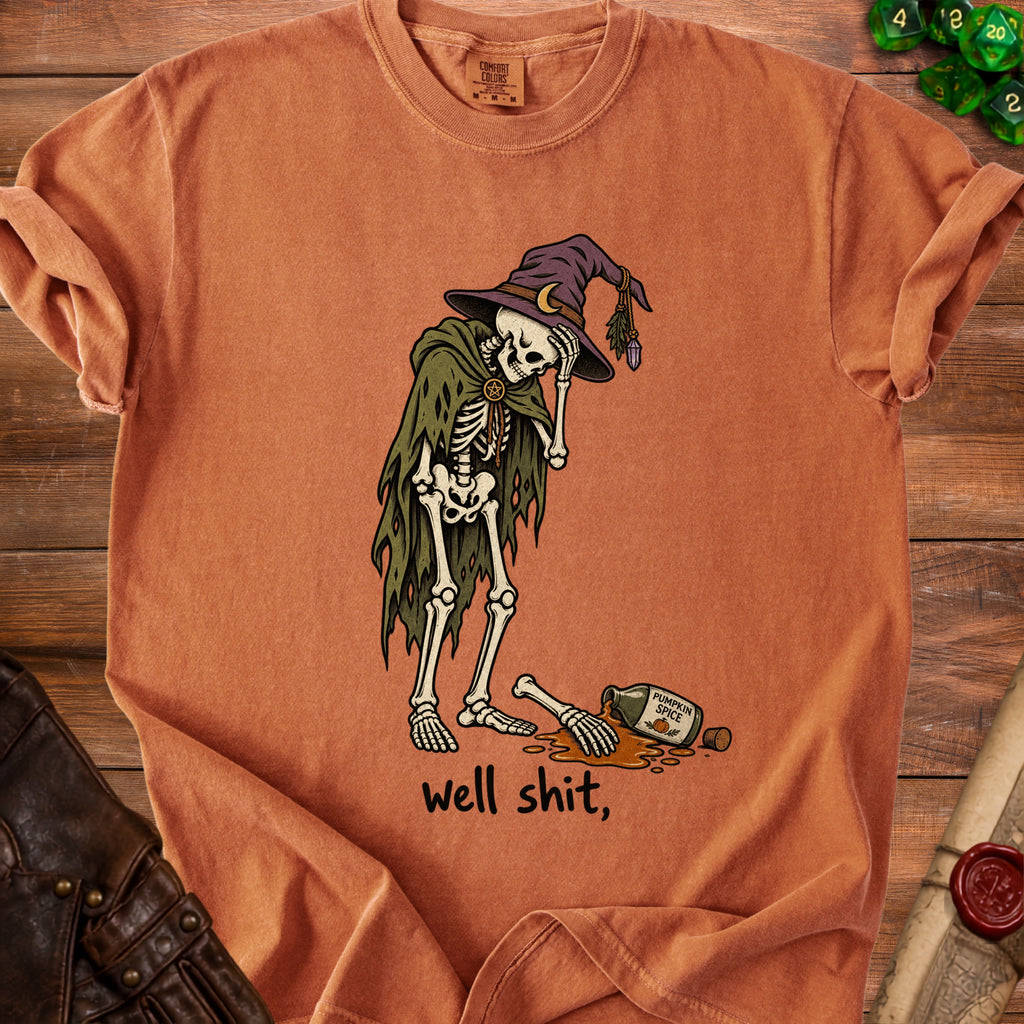 Skeleton wearing a wizard hat and cloak, spilling pumpkin spice and saying "well shit,".
