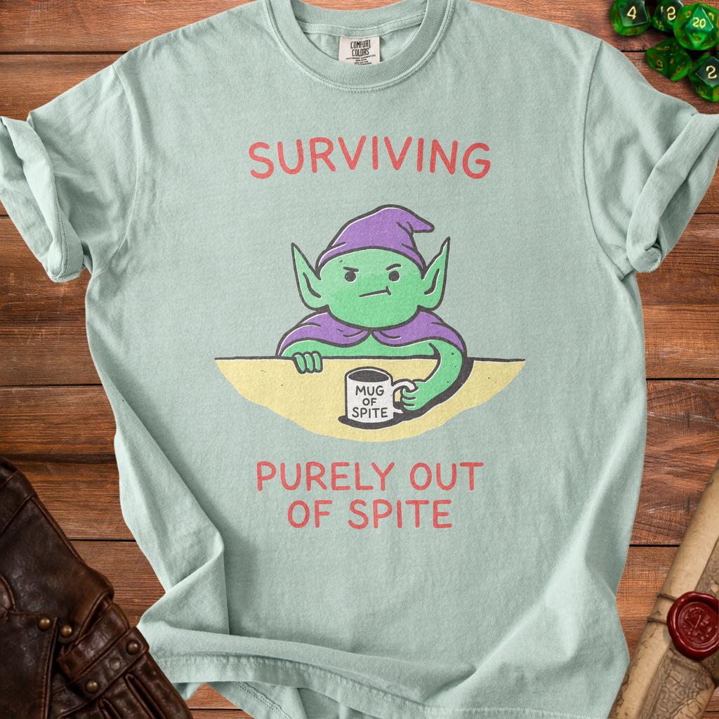 Light mint green t-shirt with a green goblin holding a "Mug of Spite" and text.