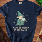 Navy t-shirt with a cartoon wizard holding a crystal ball and text.