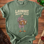 Green t-shirt with skeleton in robe carrying laundry basket and text "Laundry never dies".