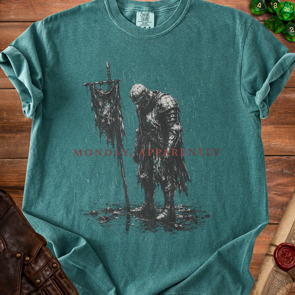 T-shirt with a knight holding a tattered banner, "MONDAY APPARENTLY" text.