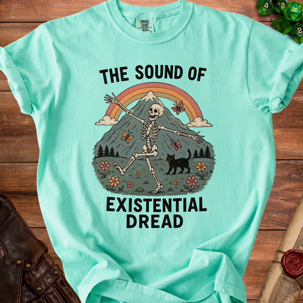 T-shirt with skeleton, black cat, rainbow, mountain, and text "The Sound of Existential Dread".