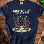 Navy t-shirt with "Mentally I'm Here" text and two goblins dancing in a pentagram.