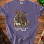 Skeleton wizard holding pumpkin staff with "NO SPELL SLOTS. ONLY SPITE." text.