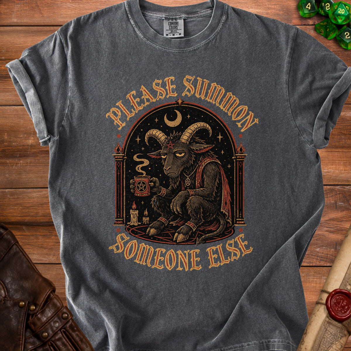Dark grey t-shirt with a Baphomet illustration and text "PLEASE SUMMON SOMEONE ELSE".