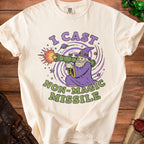 Cream t-shirt with graphic of wizard firing a rocket launcher, text "I CAST NON-MAGIC MISSILE".