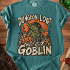 Dungeon Loot Goblin t-shirt with Halloween and fantasy elements.