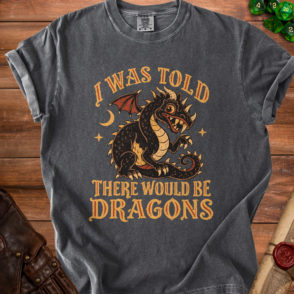 Dark grey t-shirt with "I was told there would be dragons" and a dragon graphic.
