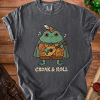 Dark grey t-shirt with a cartoon frog playing a lute and the text "CROAK & ROLL".