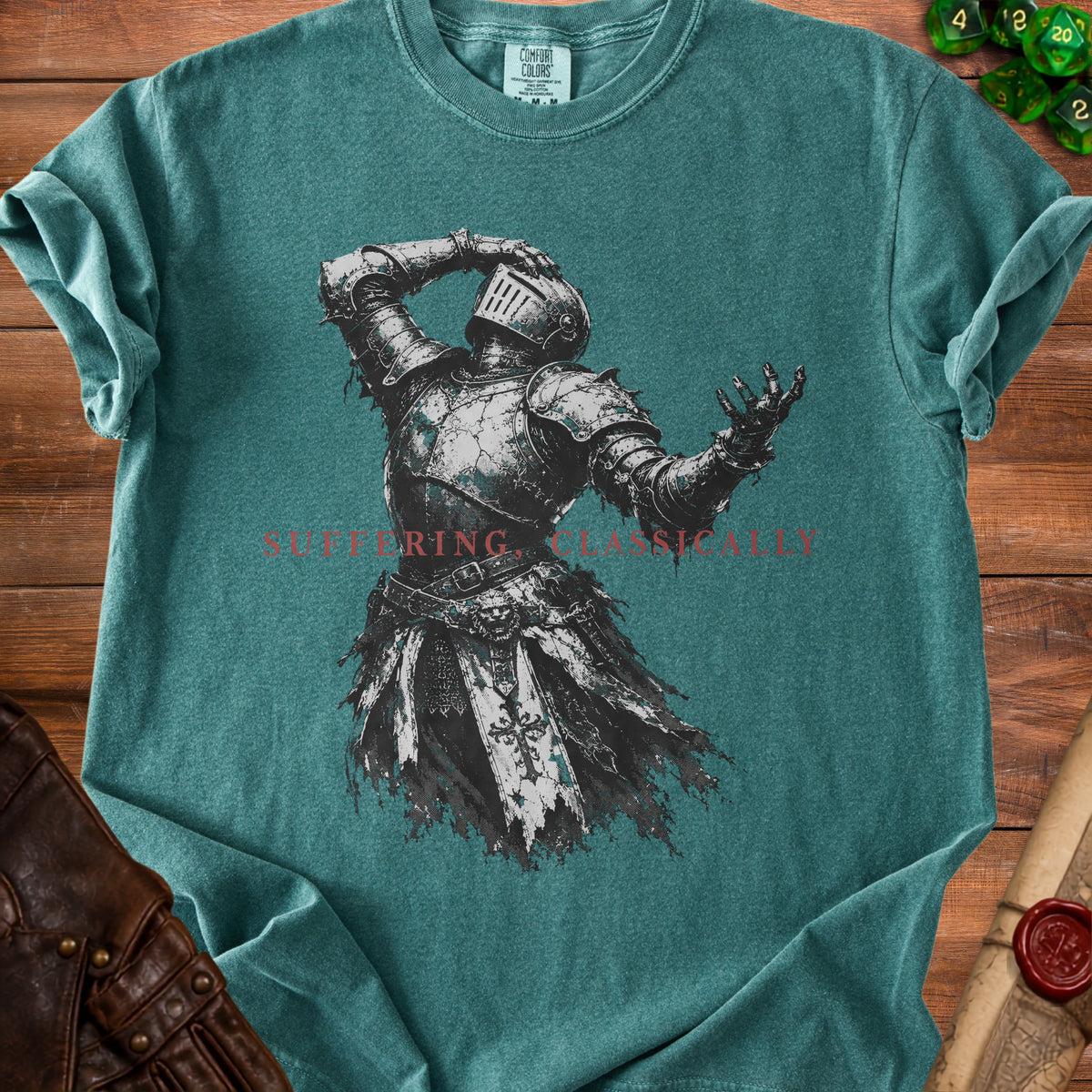Teal t-shirt with a distressed knight graphic and "SUFFERING CLASSICALLY" text.