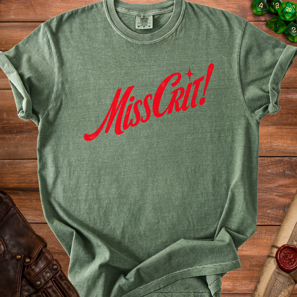 Green t-shirt with red "Miss Crit!" graphic and Comfort Colors tag.