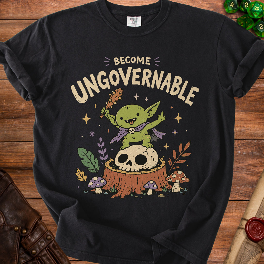 Black t-shirt with a cartoon goblin on a skull saying "BECOME UNGOVERNABLE".