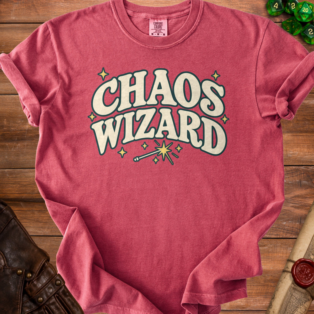 Red t-shirt with "CHAOS WIZARD" text and magic wand graphic.