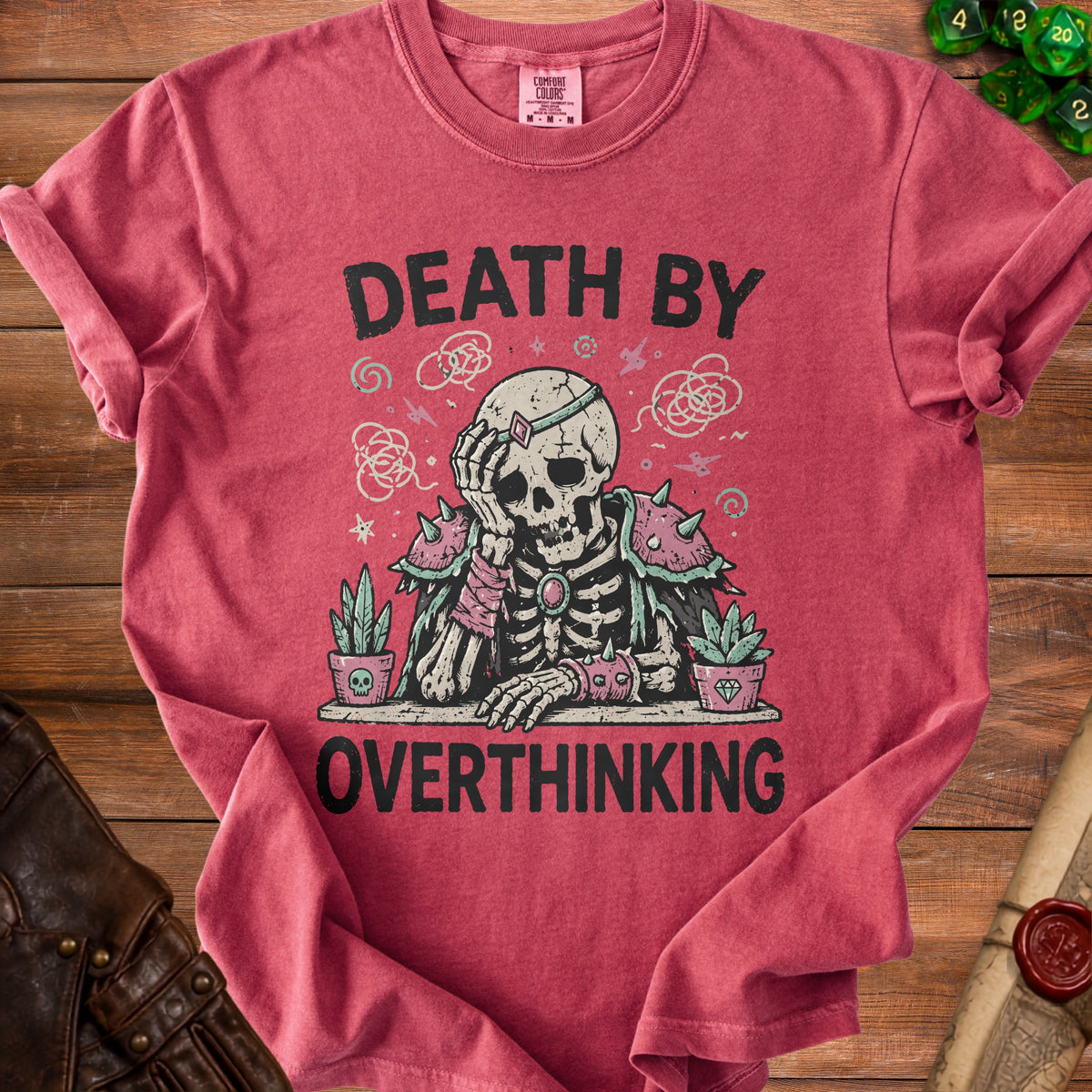 Skeleton graphic t-shirt with text "DEATH BY OVERTHINKING".