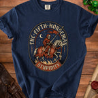Navy t-shirt with grim reaper on horseback and text "The Fifth Horseman Stupidity".