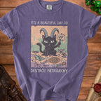 Black cat with goat horns holds an "UP" sign; text reads "It's a beautiful day to destroy patriarchy."