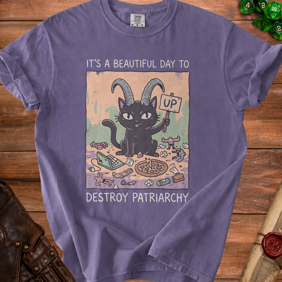 Black cat with goat horns holds an "UP" sign; text reads "It's a beautiful day to destroy patriarchy."