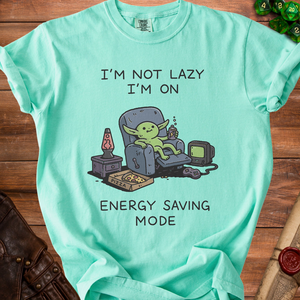 Mint t-shirt with "I'm not lazy I'm on energy saving mode" text and cartoon.
