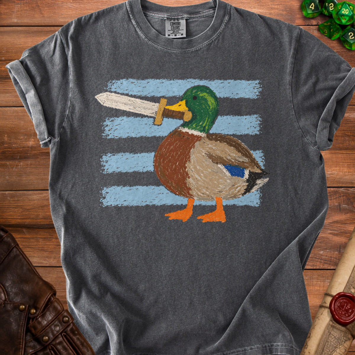 Dark gray t-shirt with a mallard duck holding a sword, against blue stripes.