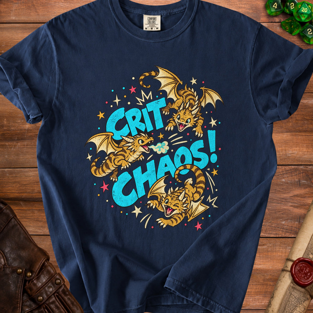 Navy t-shirt with three cartoon dragons and the text "CRIT CHAOS!".