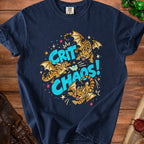 Navy t-shirt with three cartoon dragons and the text "CRIT CHAOS!".