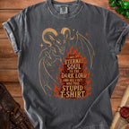 Dark grey t-shirt with a dragon graphic and text that reads "I gave my eternal soul to the dark lord and all I got was this stupid t-shirt".