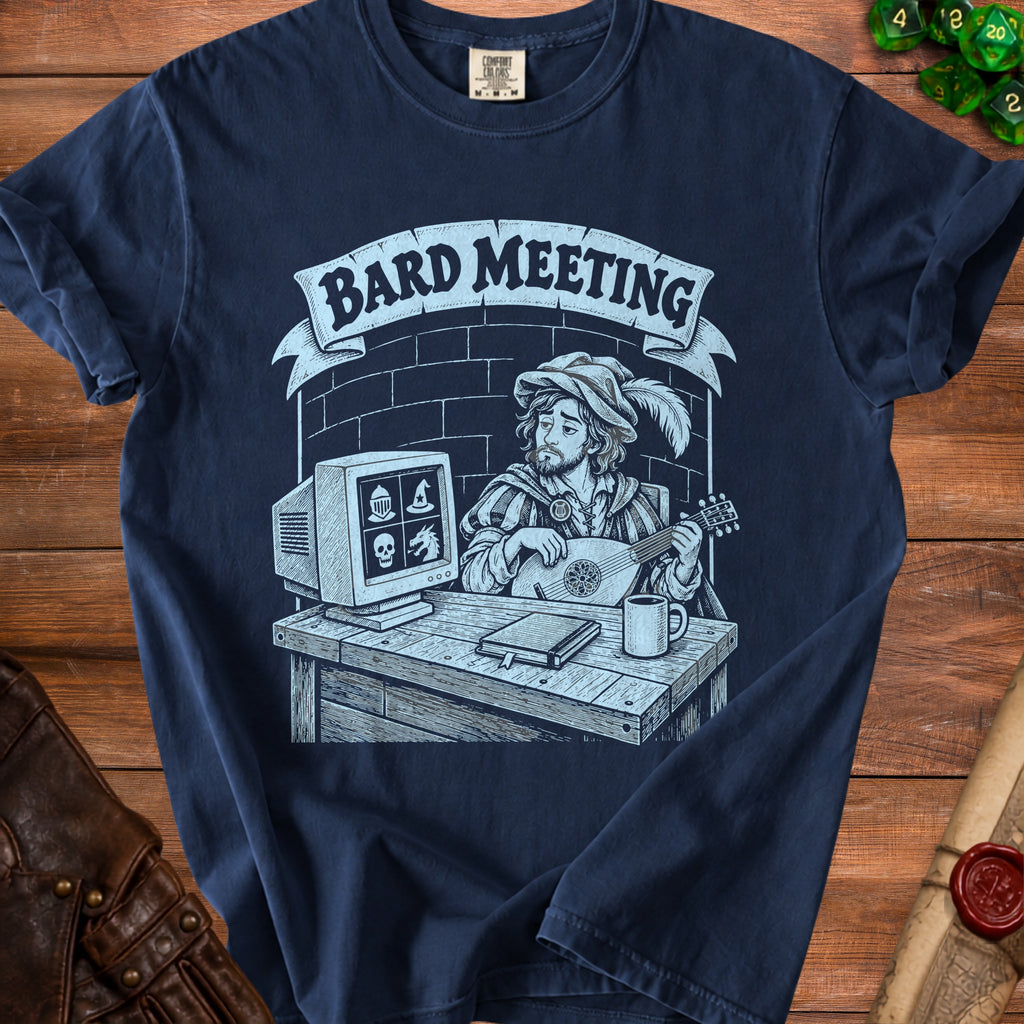 Bard Meeting shirt design with a bard playing lute in front of a computer.