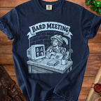 Bard Meeting shirt design with a bard playing lute in front of a computer.
