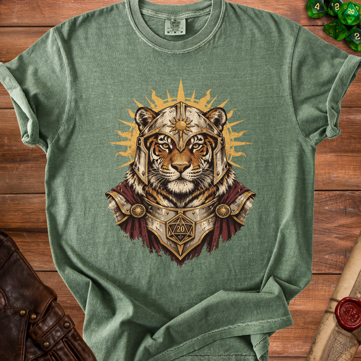 Tiger wearing armor with a sunburst and a D20 dice on its chest.