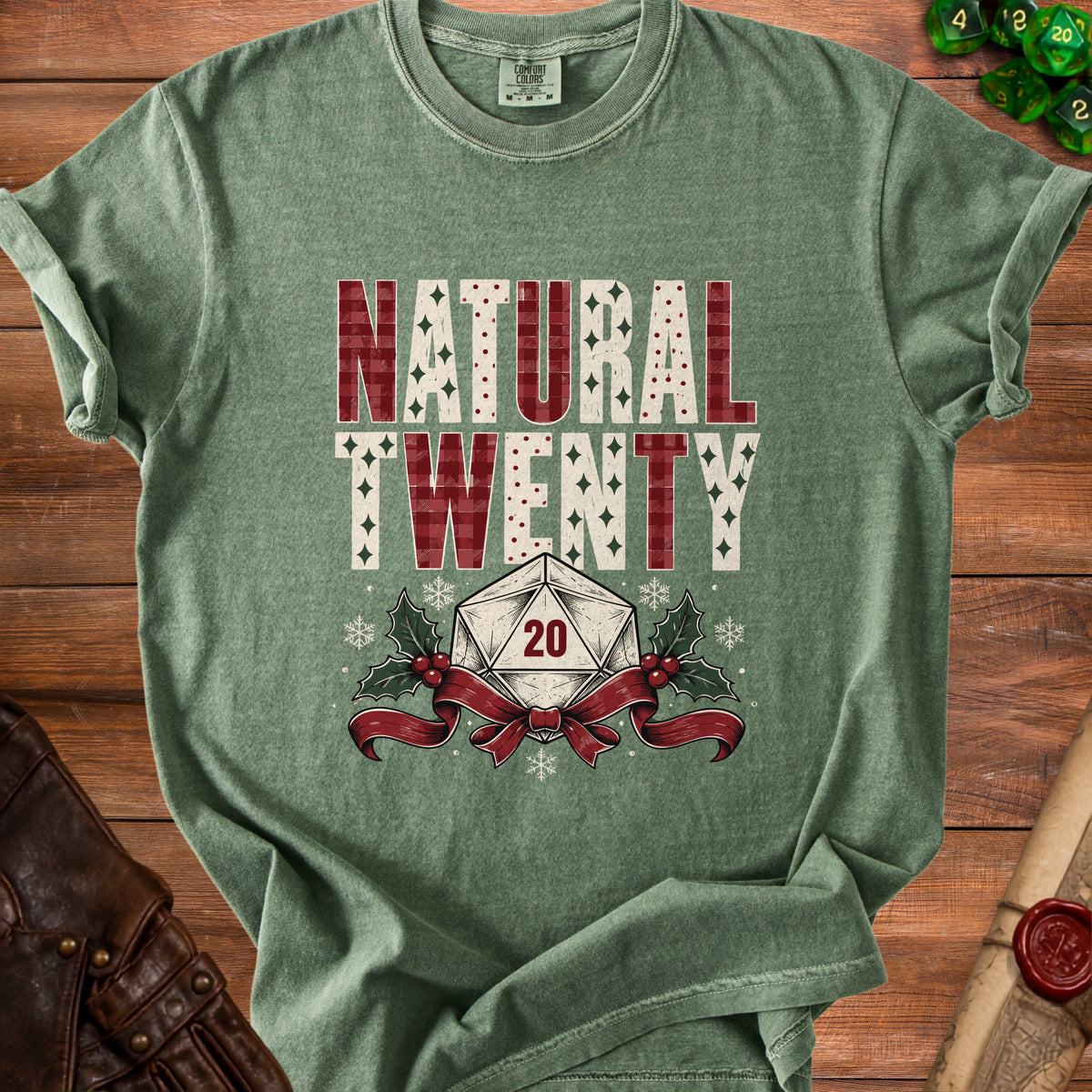 Green t-shirt with "NATURAL TWENTY" text and a D20 die graphic.