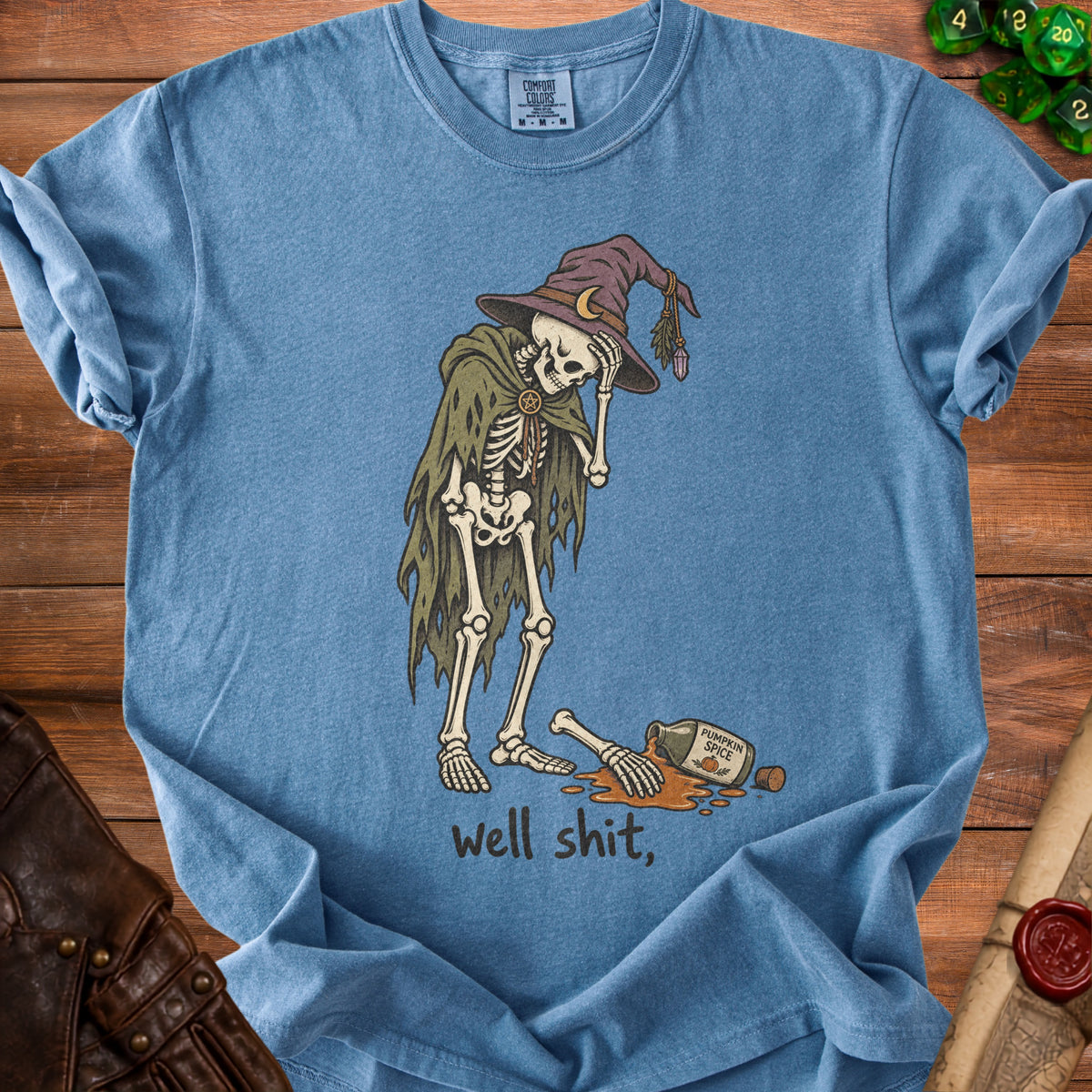 Skeleton wizard with spilled pumpkin spice and "well shit" text.