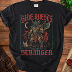 Black t-shirt with "Side Quests Only Make Me Stranger" text and barbarian graphic.
