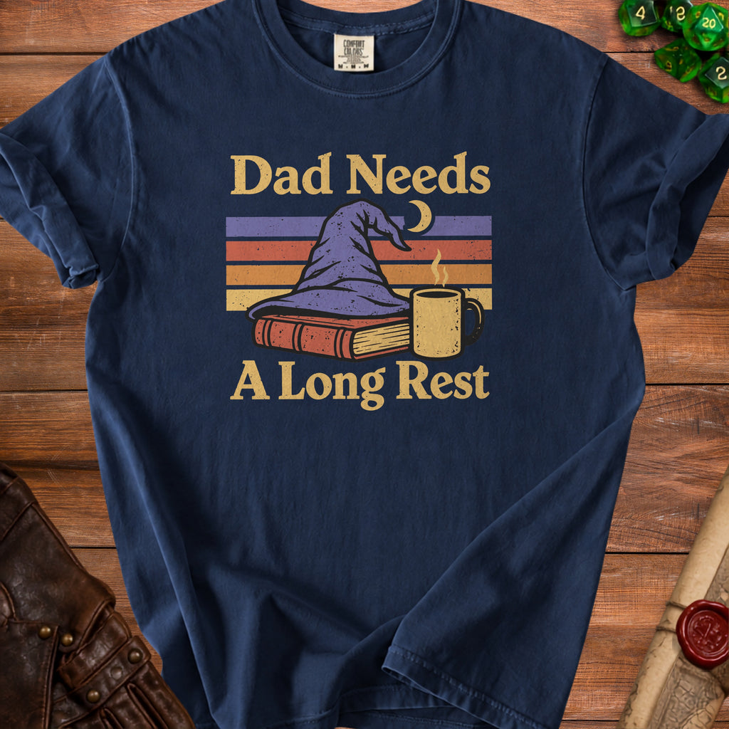 Navy t-shirt with text "Dad Needs A Long Rest" and wizard hat graphic.