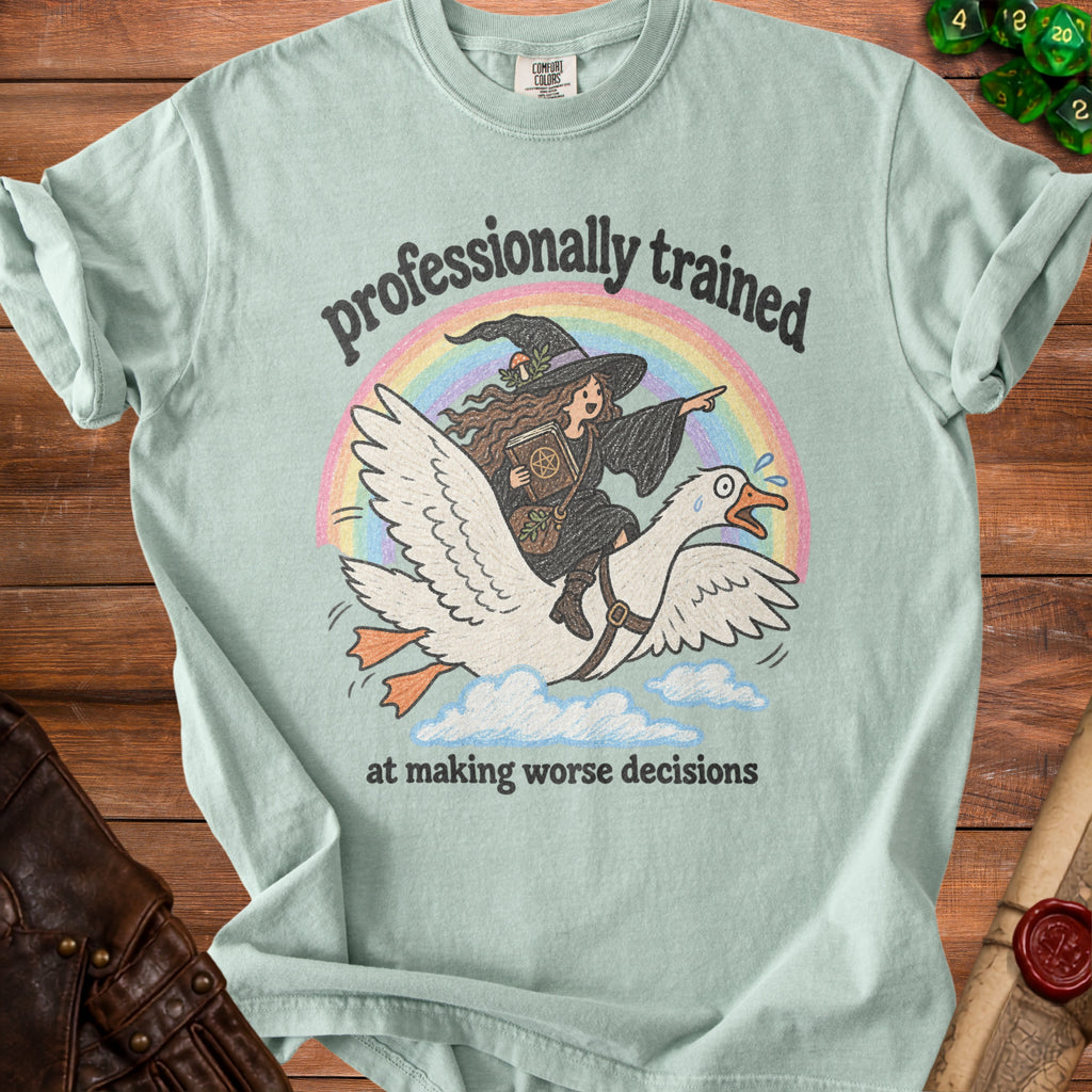 Light green t-shirt with a witch on a goose and text "professionally trained at making worse decisions."