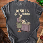 Skeleton washing dishes with text "Dishes for eternity".