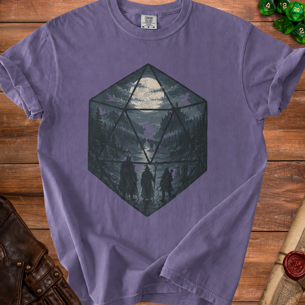Purple t-shirt with a D20 die graphic featuring a fantasy landscape and three adventurers.