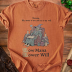 Orange t-shirt with skeleton wizard graphic and text "Low Mana Lower Will".