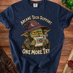 Navy t-shirt with a green creature in a wizard hat and the words "Arcane Tech Support One More Try."
