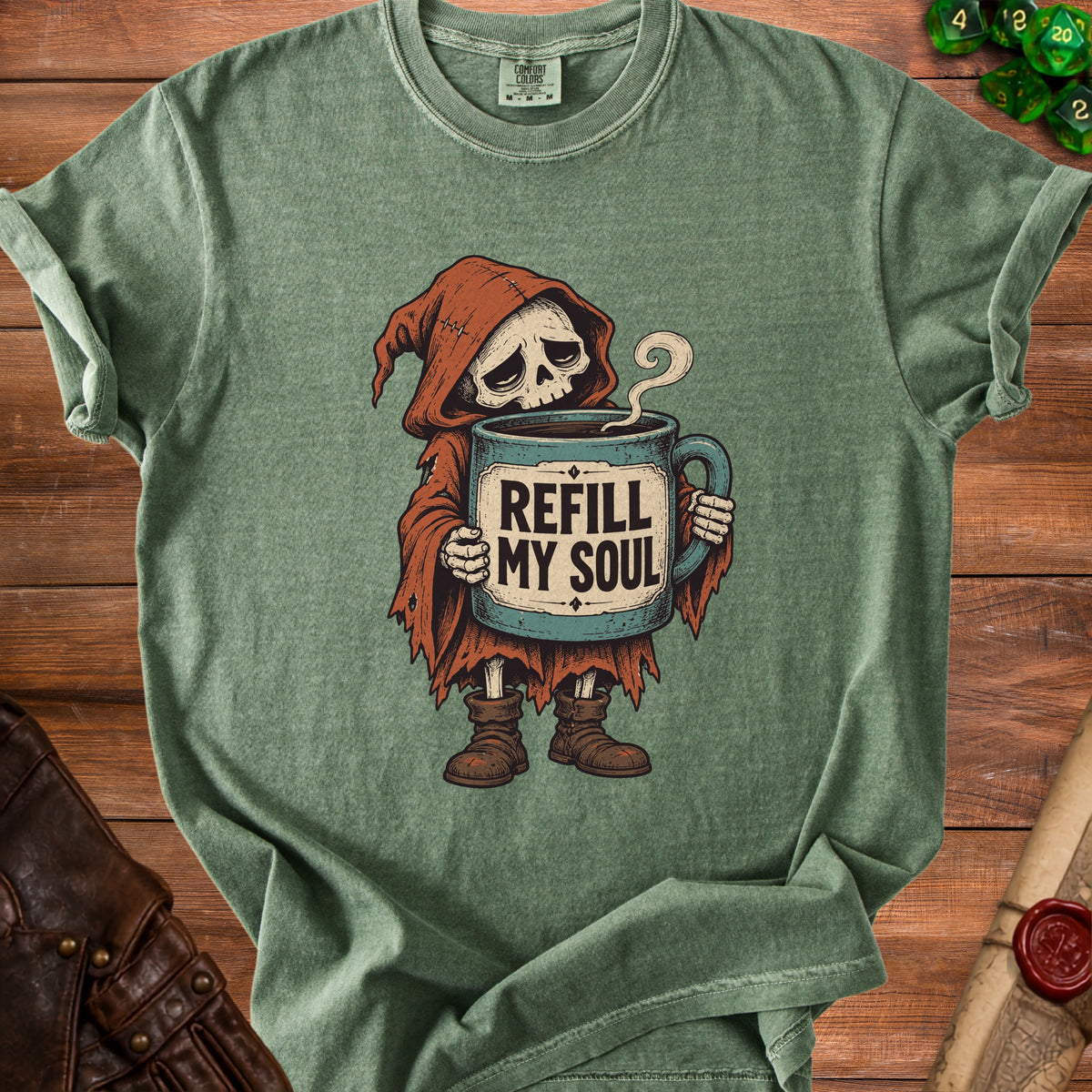 Grim reaper graphic on green t-shirt with "Refill My Soul" text on mug.