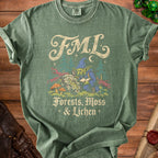 Green t-shirt with a goblin examining a book and magnifying glass. "FML Forests, Moss & Lichen" text.