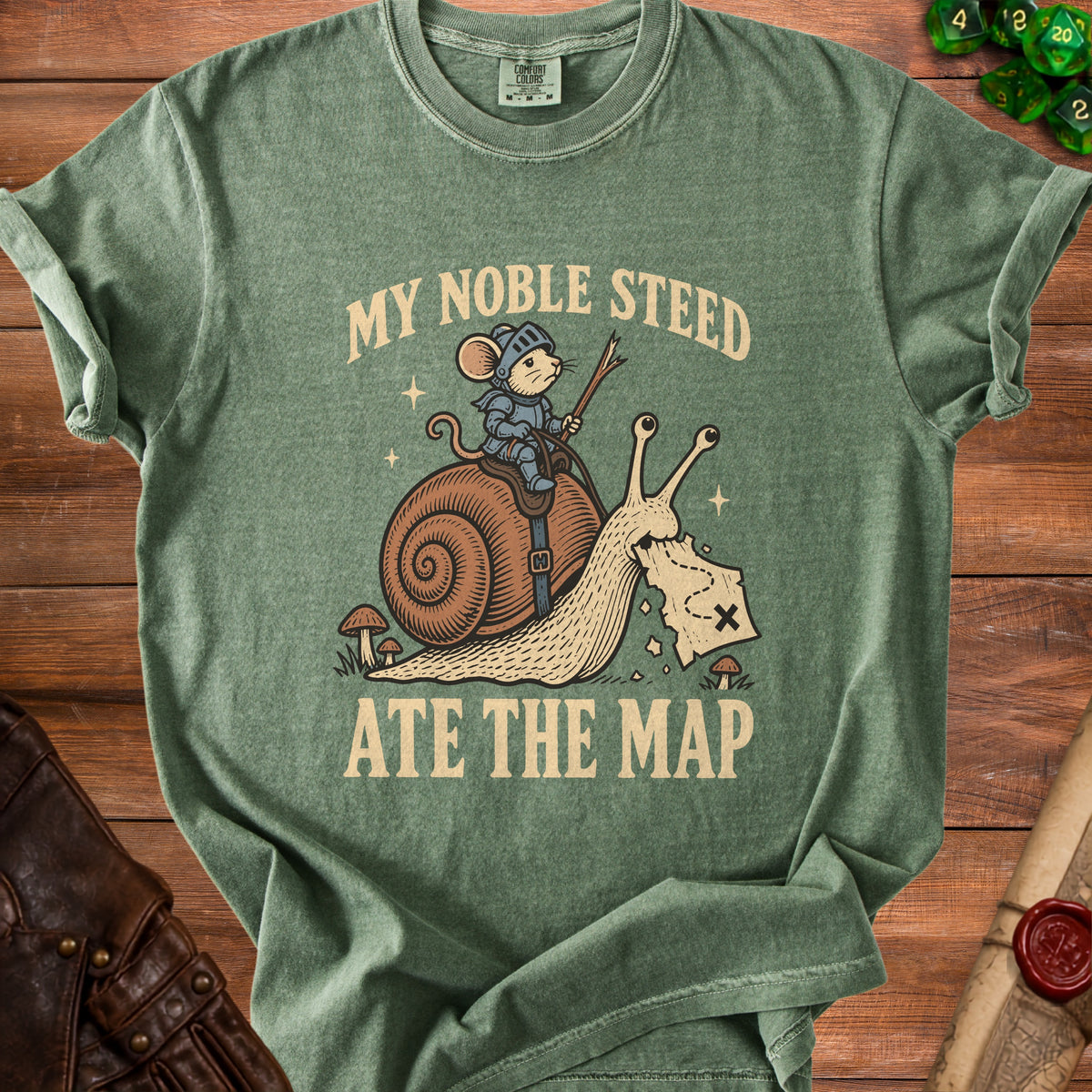 A knight mouse rides a snail eating a map, with text "My Noble Steed Ate The Map".