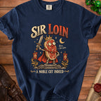 A steak wearing a crown and cape, holding a sword, with text "Sir Loin".