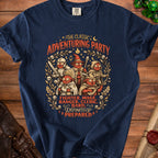 Navy blue t-shirt featuring a cartoon illustration of a fantasy adventuring party with text.