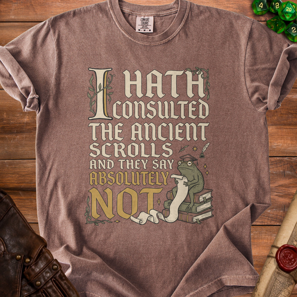Brown t-shirt with "I Hath Consulted the Ancient Scrolls and They Say Absolutely NOT" text and frog graphic.